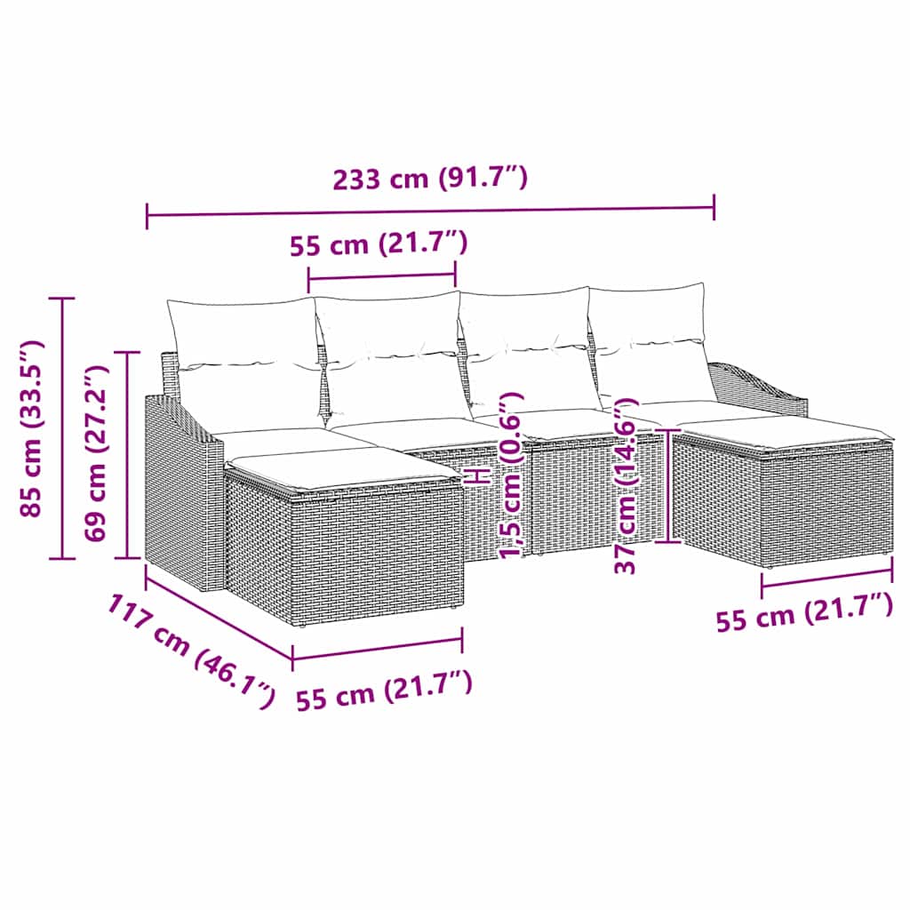vidaXL Σετ Καναπέ Κήπου 6 Τμχ με Μαξιλάρια Μαύρο Πολυ-Ρατάν