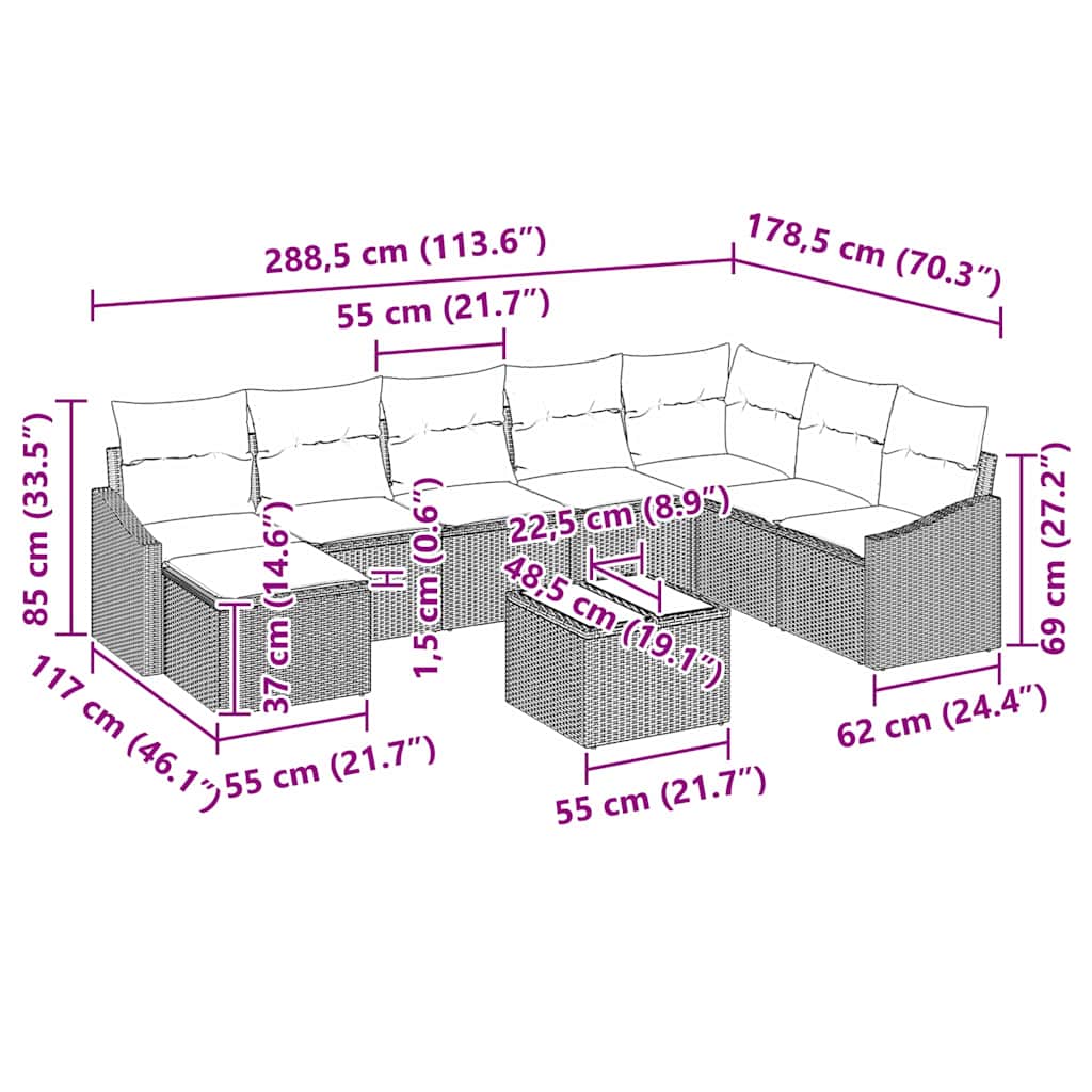 vidaXL Σετ Καναπέ με μαξιλάρι 9 pcs Γκρι συνθετικό ρατάν