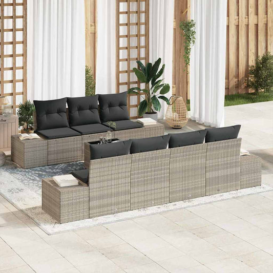 vidaXL 8 τεμάχιο σετ καναπέ κήπου με μαξιλάρια ανοιχτού γκρι πολυ ρατάν