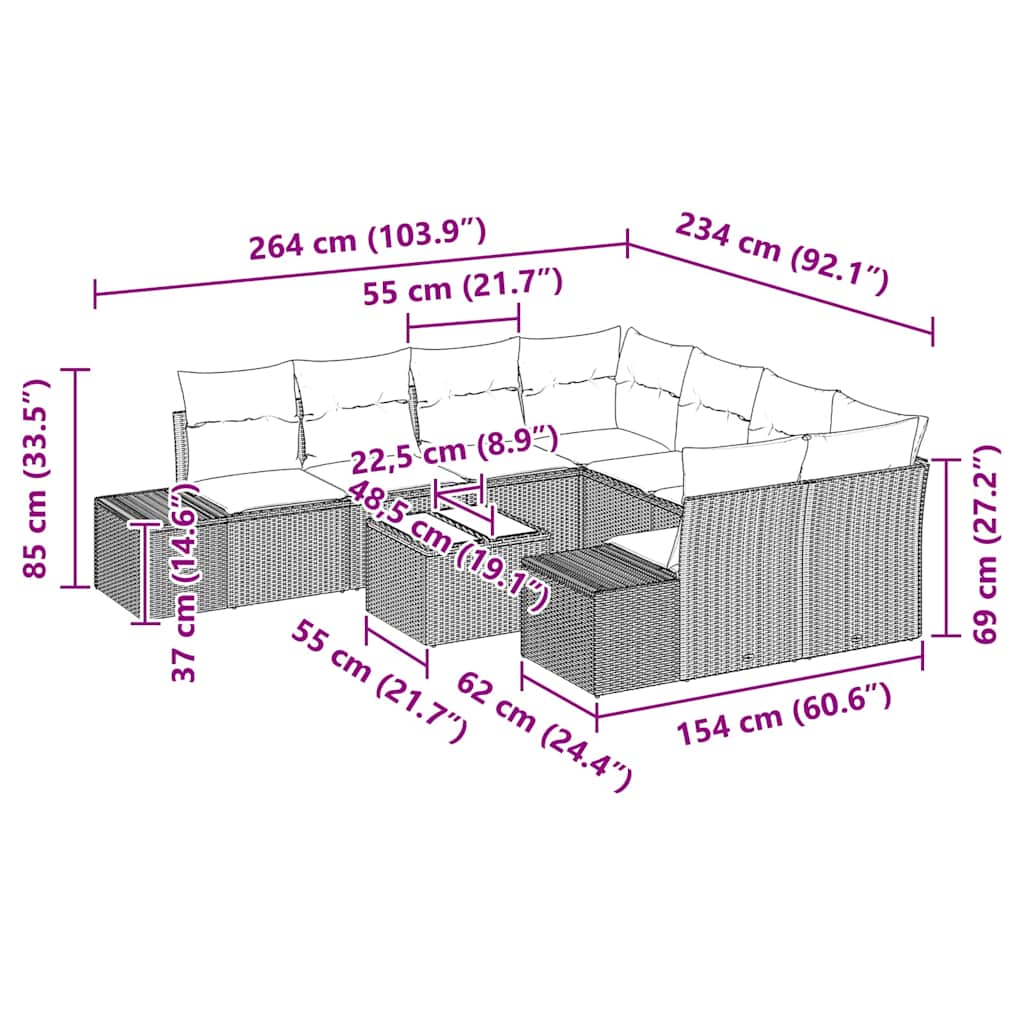 vidaXL Σετ Καναπέ Κήπου με μαξιλάρι 9 pcs Μαύρο συνθετικό ρατάν
