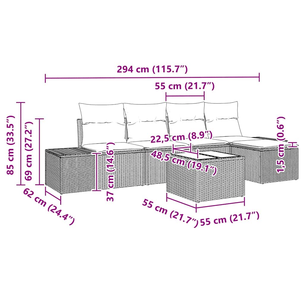 vidaXL Σετ 6 Τεμαχίων Καναπέ Κήπου με Μαξιλάρια Μαύρο Ρατάν
