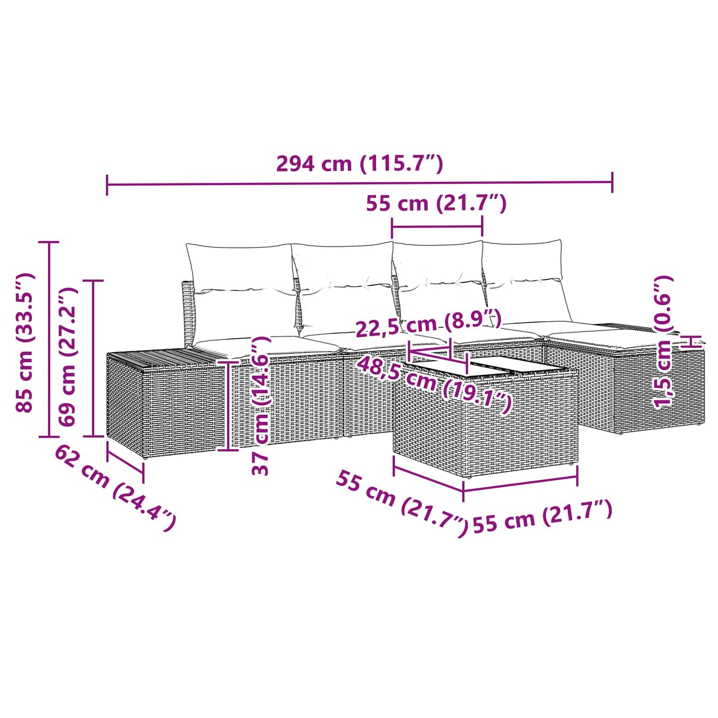 vidaXL Σετ Καναπέ Κήπου με μαξιλάρι 6 pcs Καφέ συνθετικό ρατάν
