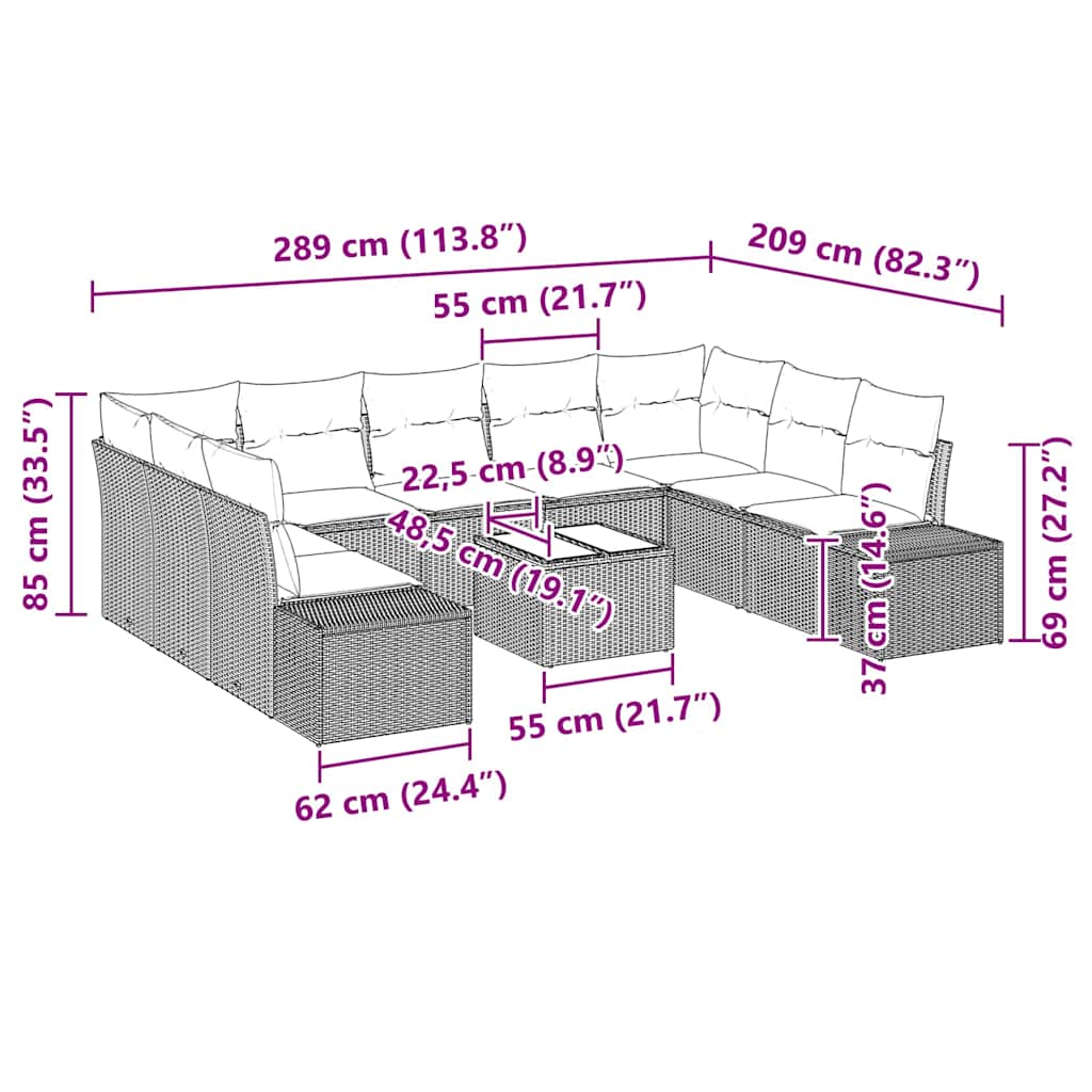 vidaXL Σετ Καναπέ Κήπου 9 Τεμαχίων με Μαξιλάρια Καφέ Πολυ Ρατάν