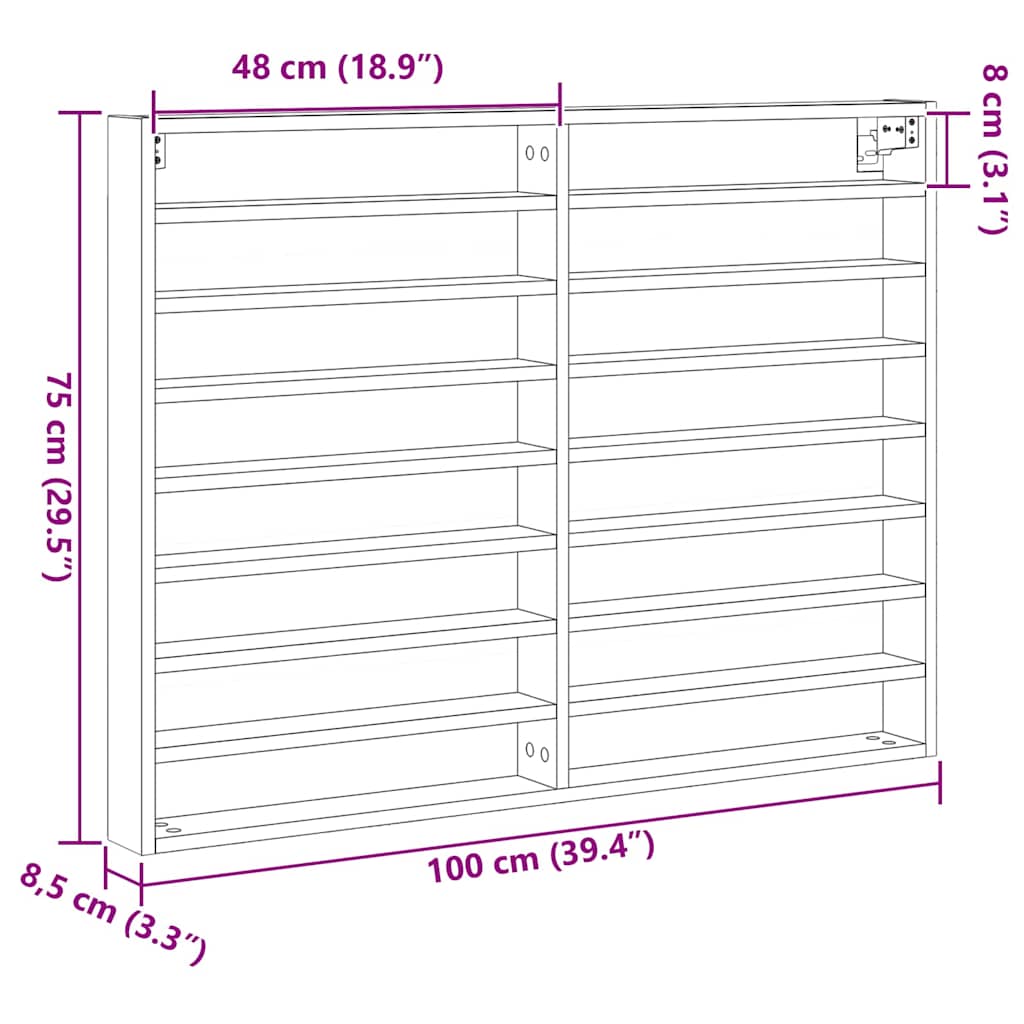 vidaXL Βιτρίνα με ράφι Μαύρη Οξυά 100 x 8,5 x 75 cm Επεξεργασμένο ξύλο