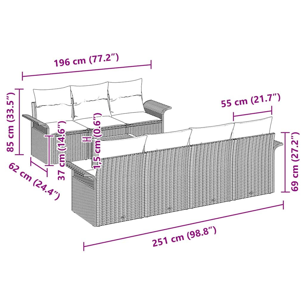 vidaXL Σετ Σαλονιού 8 Τεμαχίων με Μαξιλάρες Μαύρο Πολυ Ράτανα Ακακία