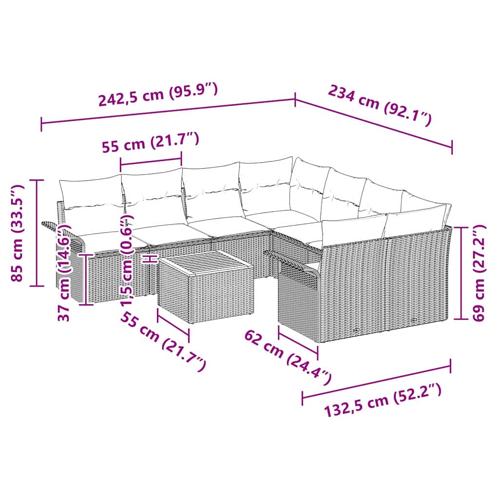 vidaXL Σετ Καναπέ Κήπου 9 pcs Μαύρο Πολυ ράταν