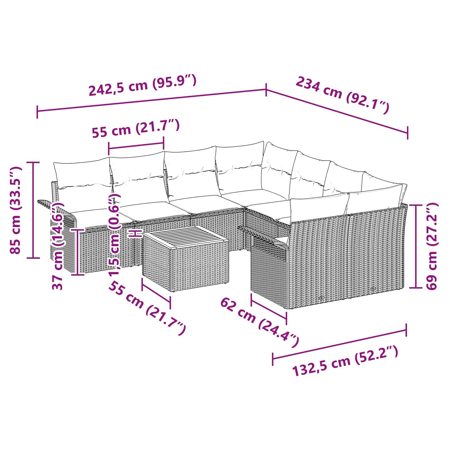 vidaXL Σετ Καναπέ Κήπου με μαξιλάρι 9 pcs Μαύρο συνθετικό ρατάν