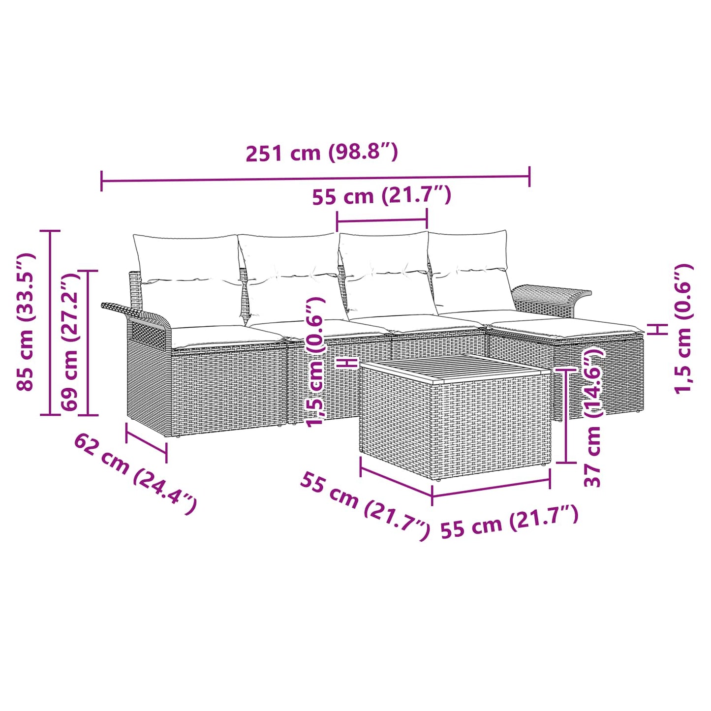 vidaXL Σετ Καναπέ Κήπου με μαξιλάρι 6 pcs Μαύρο συνθετικό ρατάν