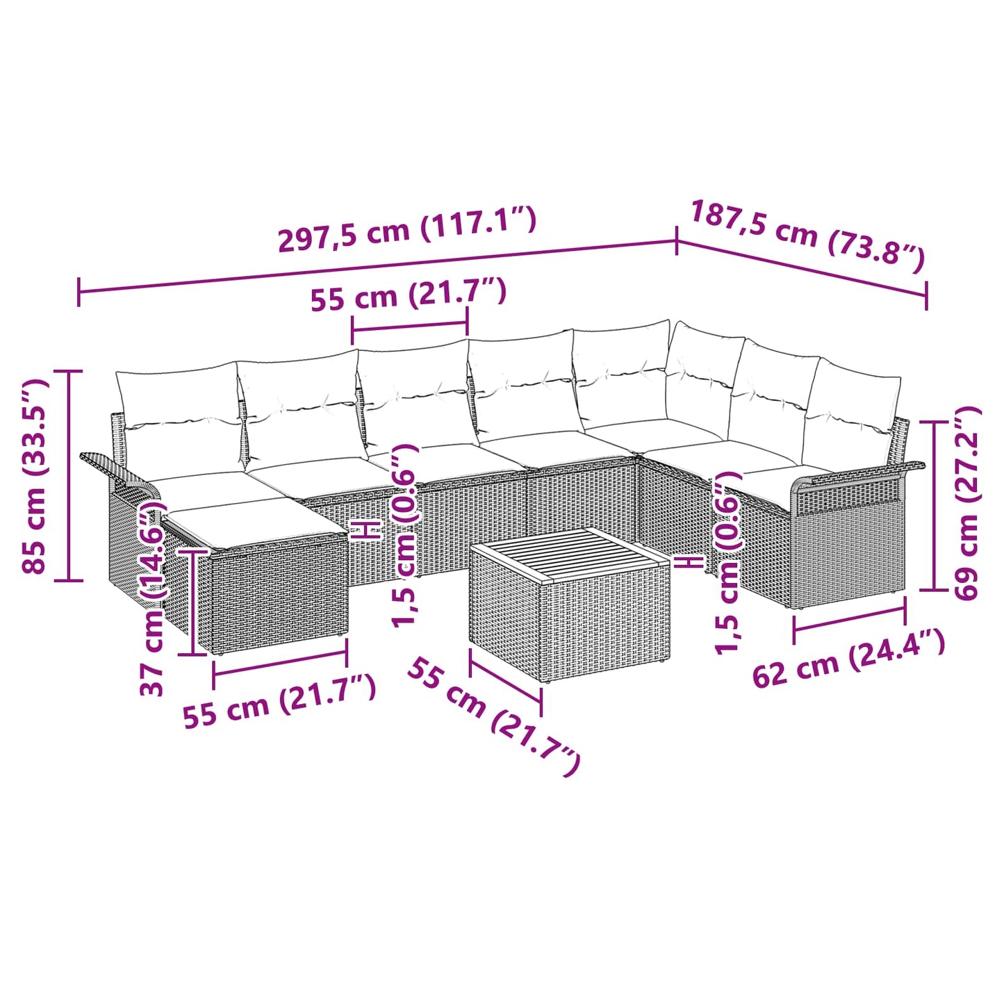 vidaXL Σετ Καναπέ Κήπου με μαξιλάρι 9 pcs Μαύρο συνθετικό ρατάν