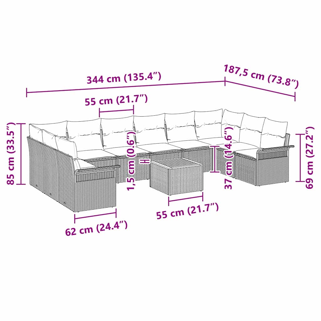 vidaXL Σετ Καναπέδων 11 τεμαχίων με Μαξιλάρια Μπεζ Πολυ Ρατάν Ακακία