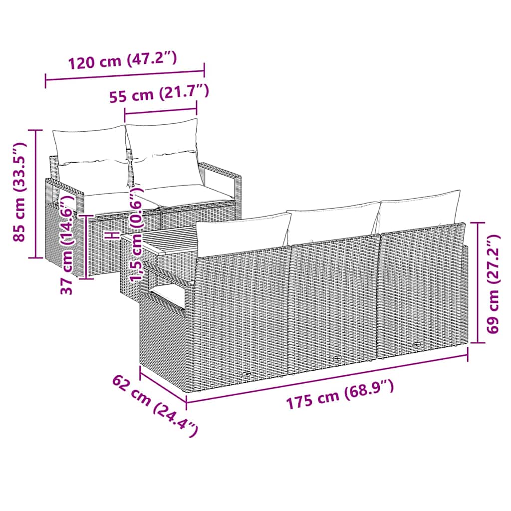 vidaXL Σετ Καναπέ Κήπου με μαξιλάρι 6 pcs Μπεζ Πολυ ράταν