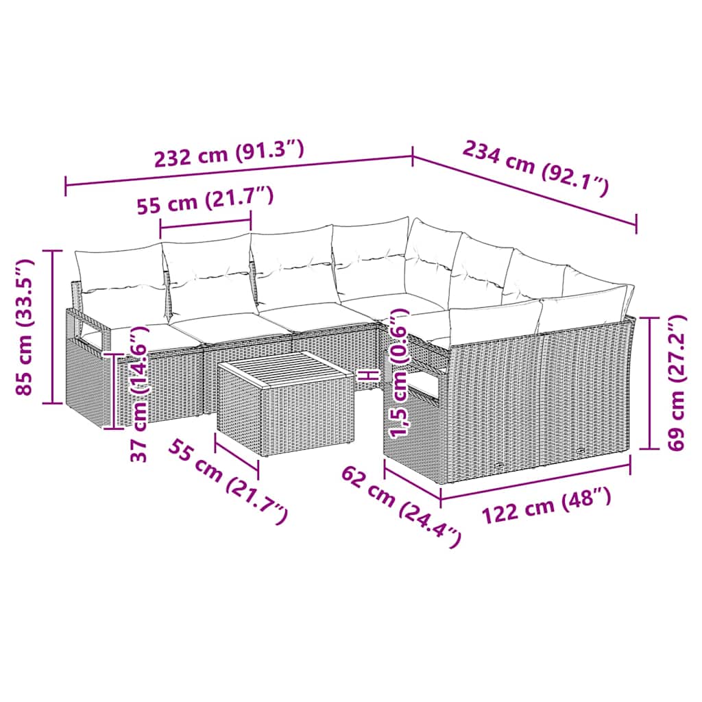 vidaXL Σετ Καναπέ Κήπου με μαξιλάρι 9 pcs Μπεζ Πολυ ράταν