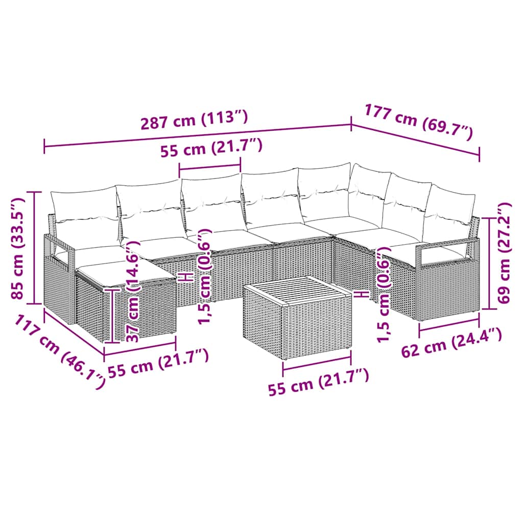 vidaXL Σετ Καναπέ Κήπου με μαξιλάρι 9 pcs Μαύρο συνθετικό ρατάν