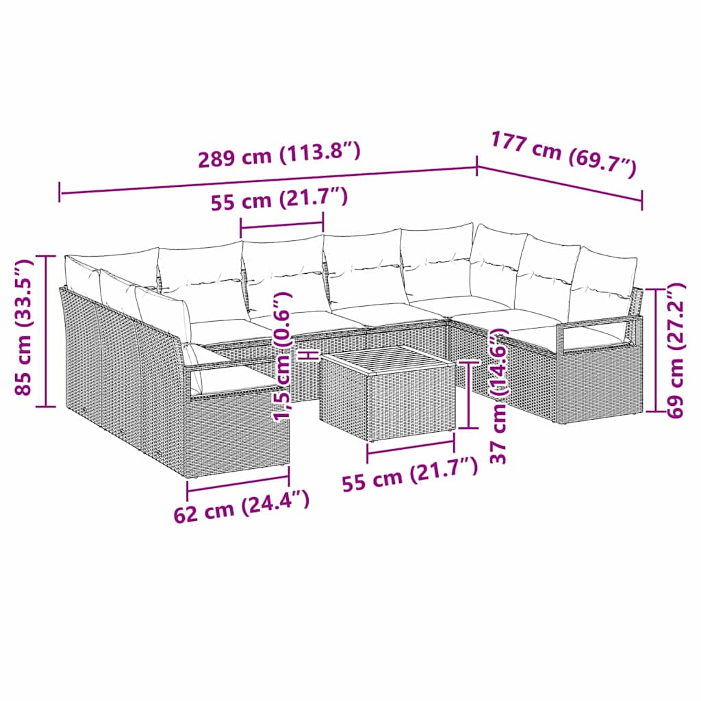 vidaXL Σετ Καναπέ Κήπου με μαξιλάρι 10 pcs Μαύρο Πολυ ράταν