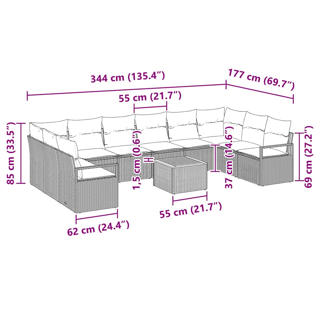 vidaXL Σετ Καναπέ Κήπου με μαξιλάρι 11 pcs Μπεζ συνθετικό ρατάν