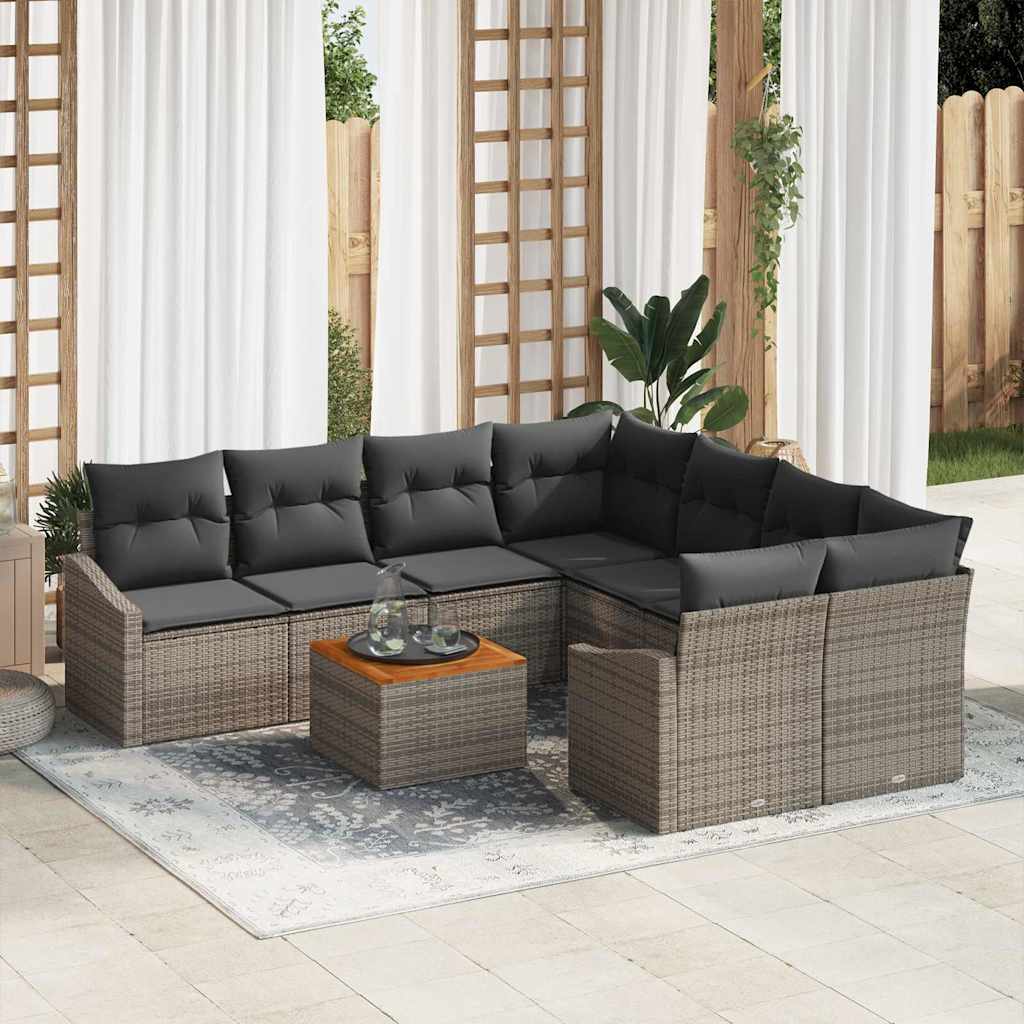vidaXL Σετ Καναπέ 9 Τεμαχίων με Μαξιλάρια Γκρι Poly Rattan Acacia