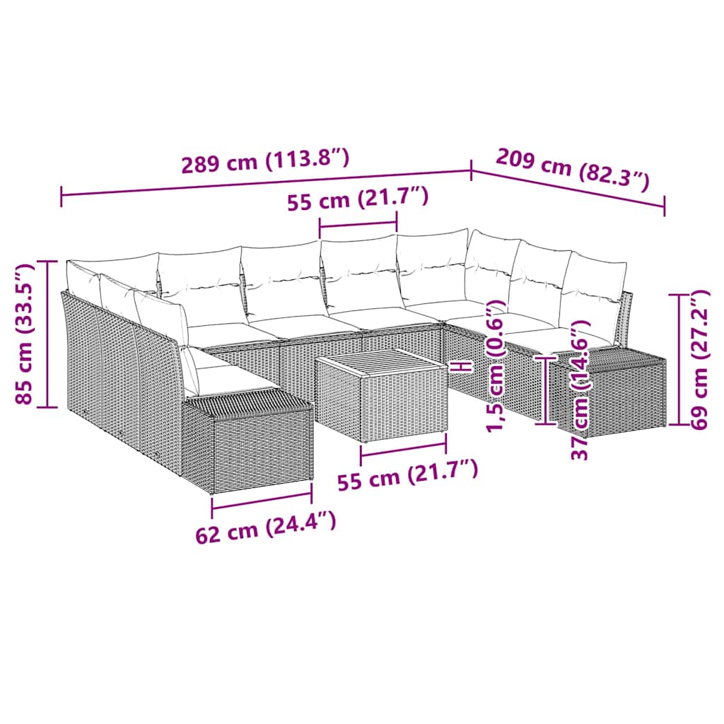 vidaXL Σετ Καναπέ Κήπου με μαξιλάρι 10 pcs Γκρι Πολυ ράταν