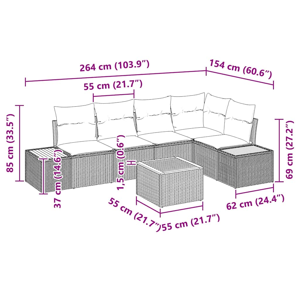vidaXL Σετ Καναπέ Κήπου με μαξιλάρι 6 pcs Μπεζ Πολυ ράταν