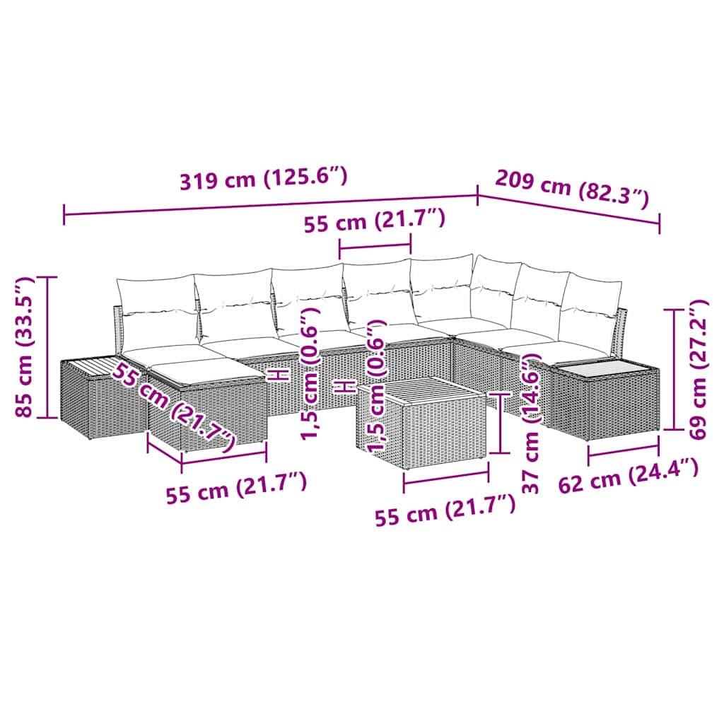vidaXL Σετ Καναπέ Κήπου με μαξιλάρι 9 pcs Μπεζ συνθετικό ρατάν