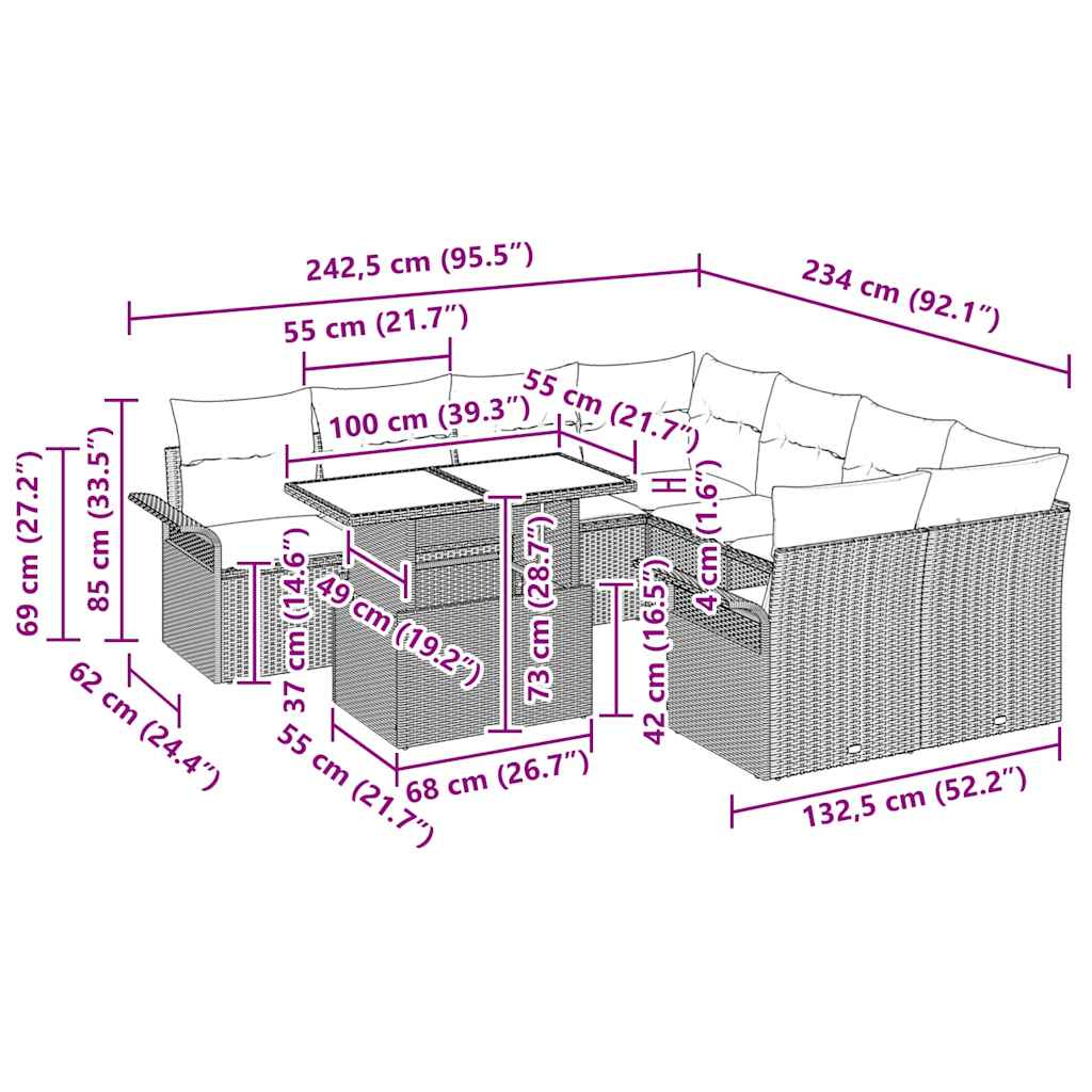 vidaXL Σετ Καναπέ Κήπου με μαξιλάρι 9 pcs Μπεζ Πολυ ράταν