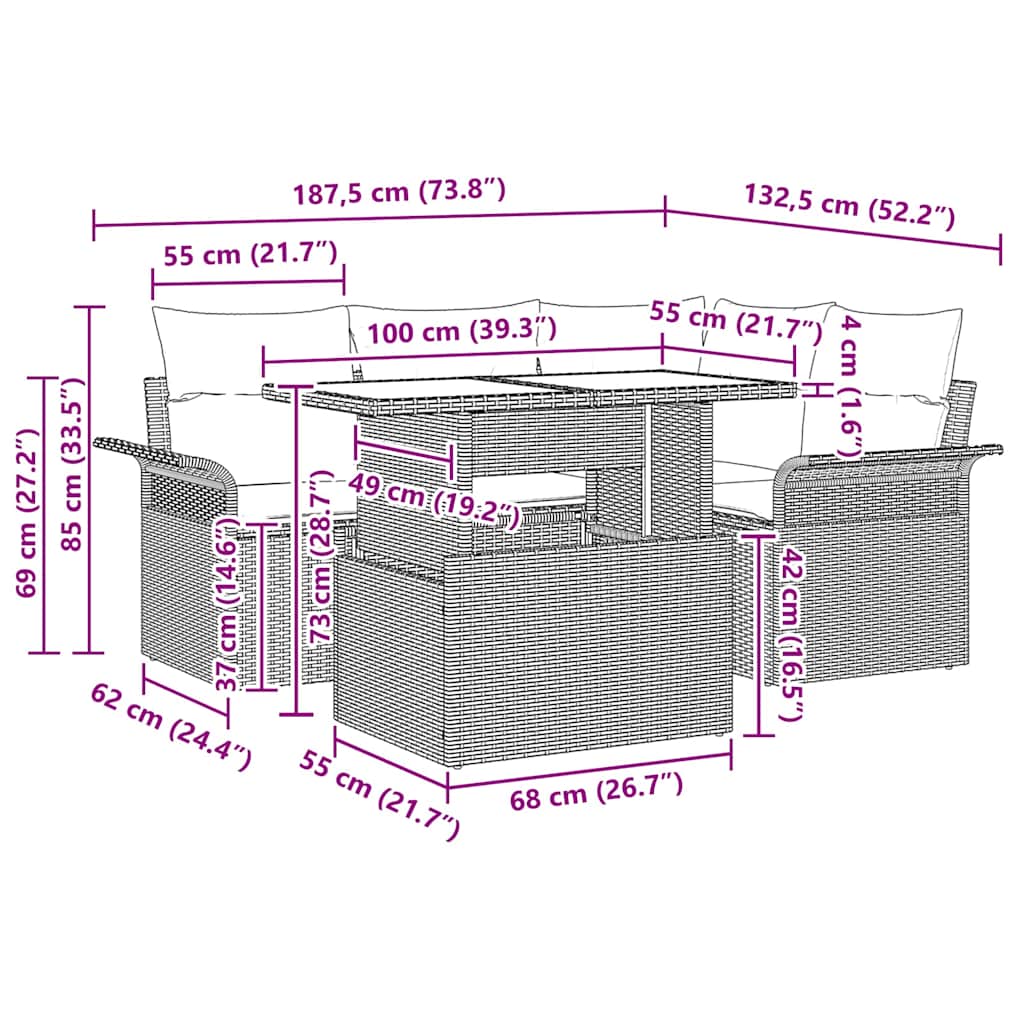 vidaXL Σετ Καναπέ Κήπου με μαξιλάρι 5 pcs Μπεζ Πολυ ράταν