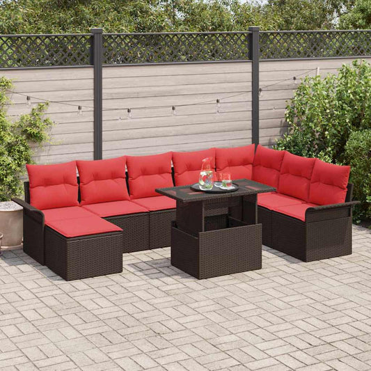 vidaXL Σετ Καναπέ Κήπου με μαξιλάρι 9 pcs Καφέ Πολυ ράταν