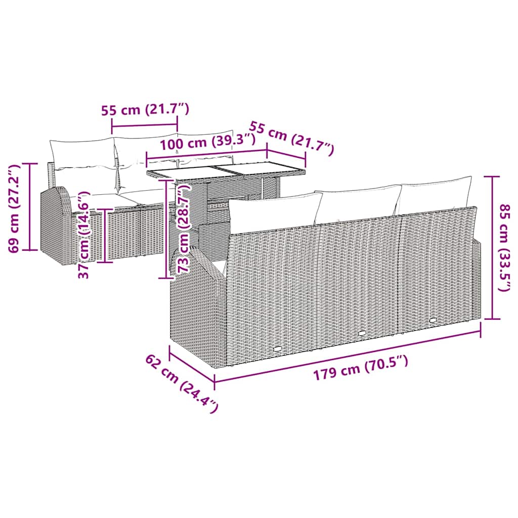 vidaXL Σετ Καναπέ Κήπου με μαξιλάρι 7 pcs Μπεζ Πολυ ράταν