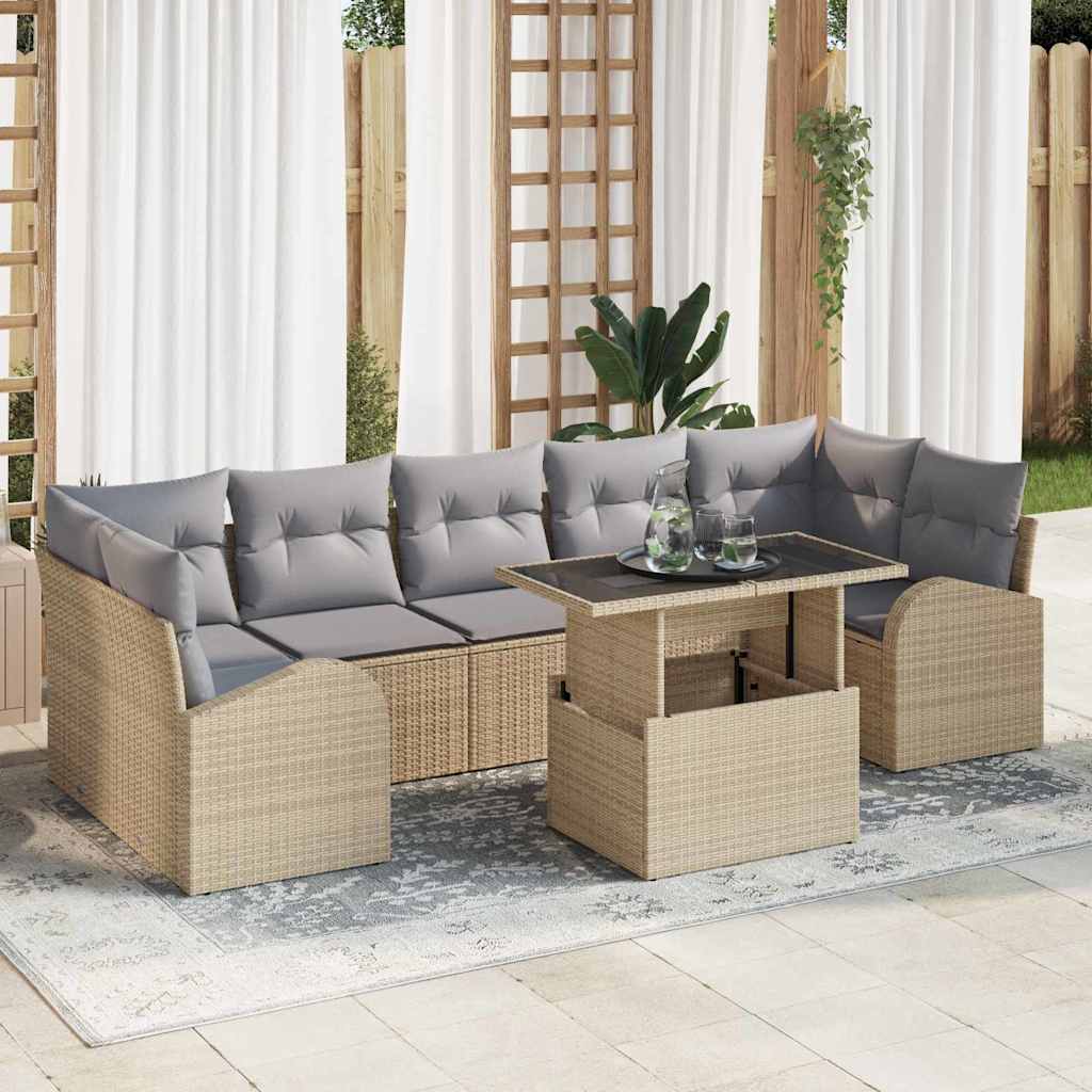 vidaXL Σετ Καναπέ Κήπου με μαξιλάρι 8 pcs Μπεζ Πολυ ράταν