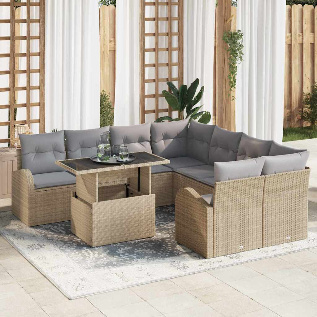 vidaXL Σετ Καναπέ Κήπου με αποθήκευση 9 pcs Μπεζ συνθετικό ρατάν