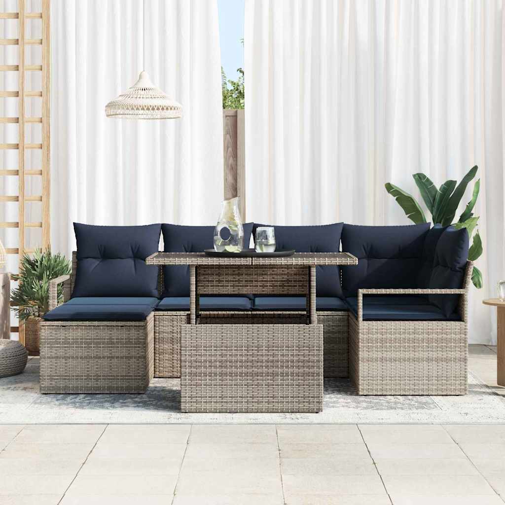 vidaXL Σετ Καναπέ Κήπου 7 τμχ. Γκρι και Navy Blue Πολυ ράταν