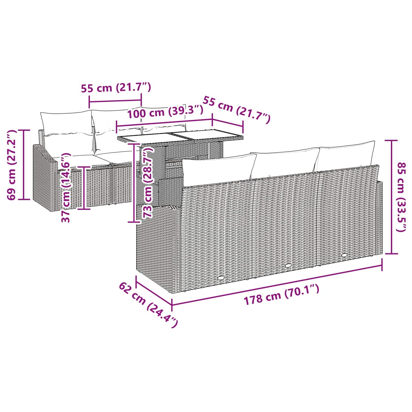 vidaXL Σετ Καναπέ Κήπου 7 pcs Μαύρο και μπλε συνθετικό ρατάν