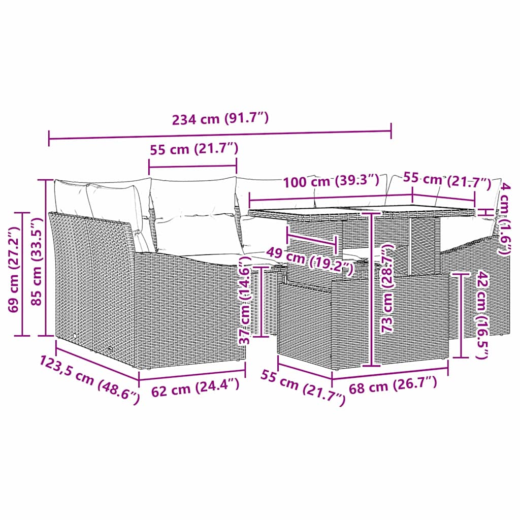 vidaXL Σετ 7 Τεμαχίων Καναπέ Κήπου με Μαξίλια Γκρι Ρατάν Πολυεστέρα