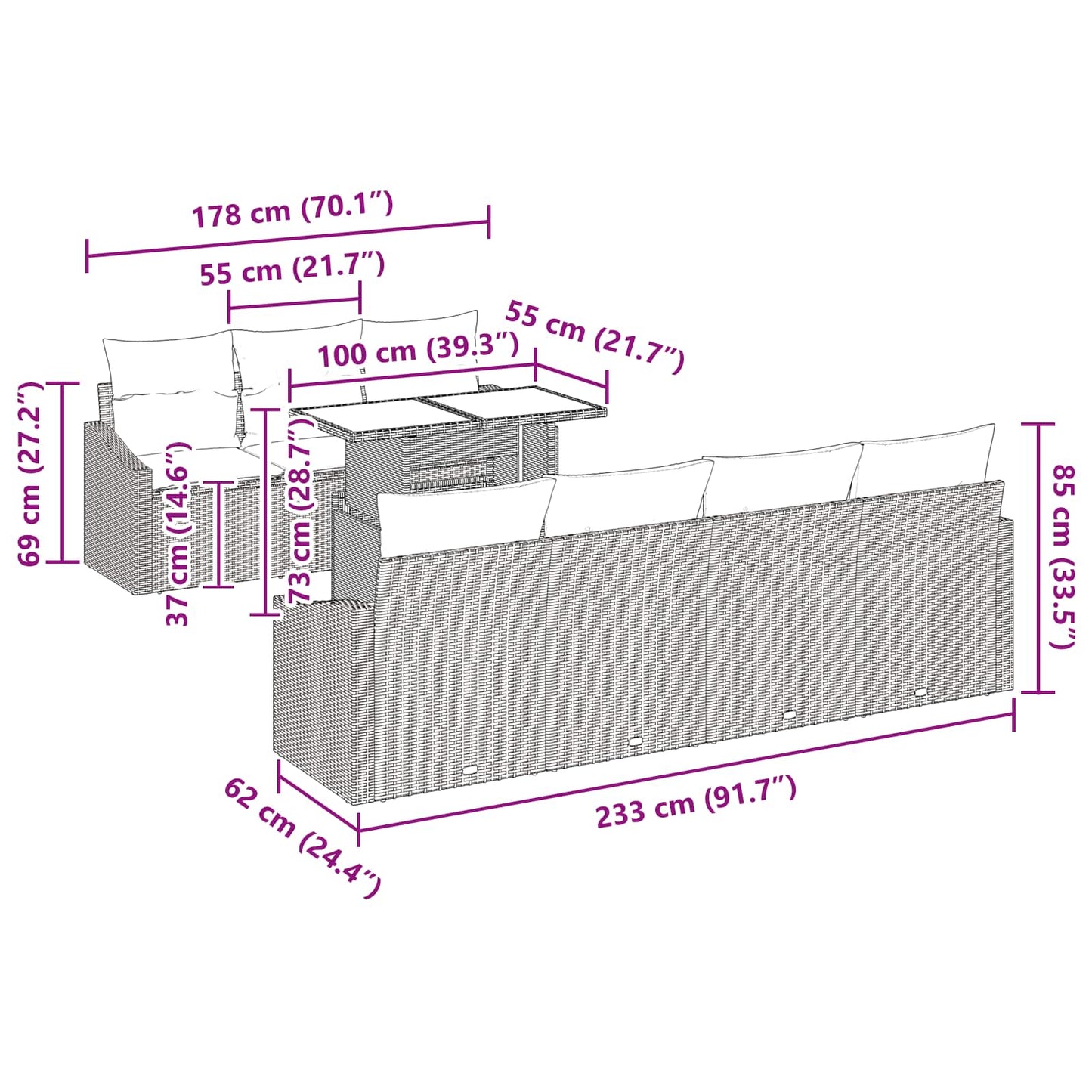 vidaXL Σετ Καναπέ Κήπου 8 pcs Μαύρο και μπλε συνθετικό ρατάν