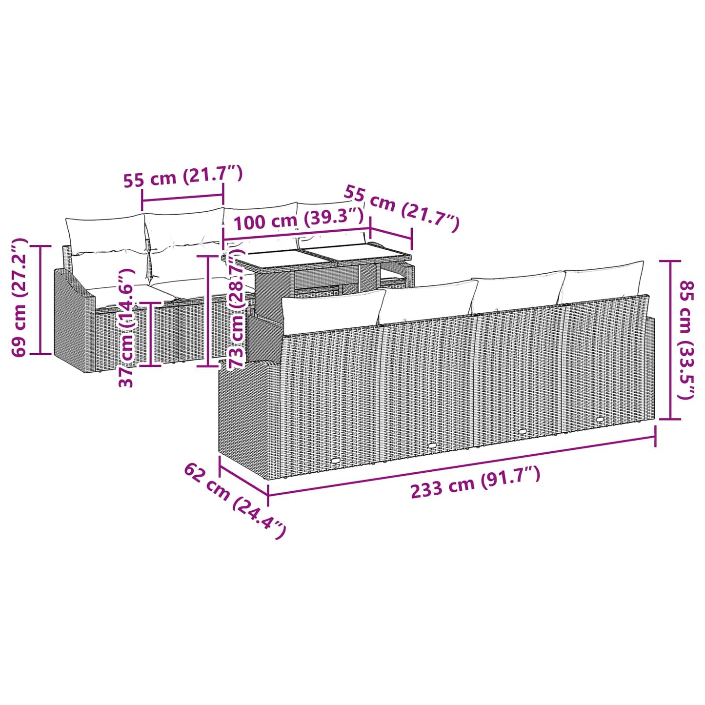 vidaXL Σετ Καναπέ Κήπου 7 pcs Μαύρο και μπλε συνθετικό ρατάν
