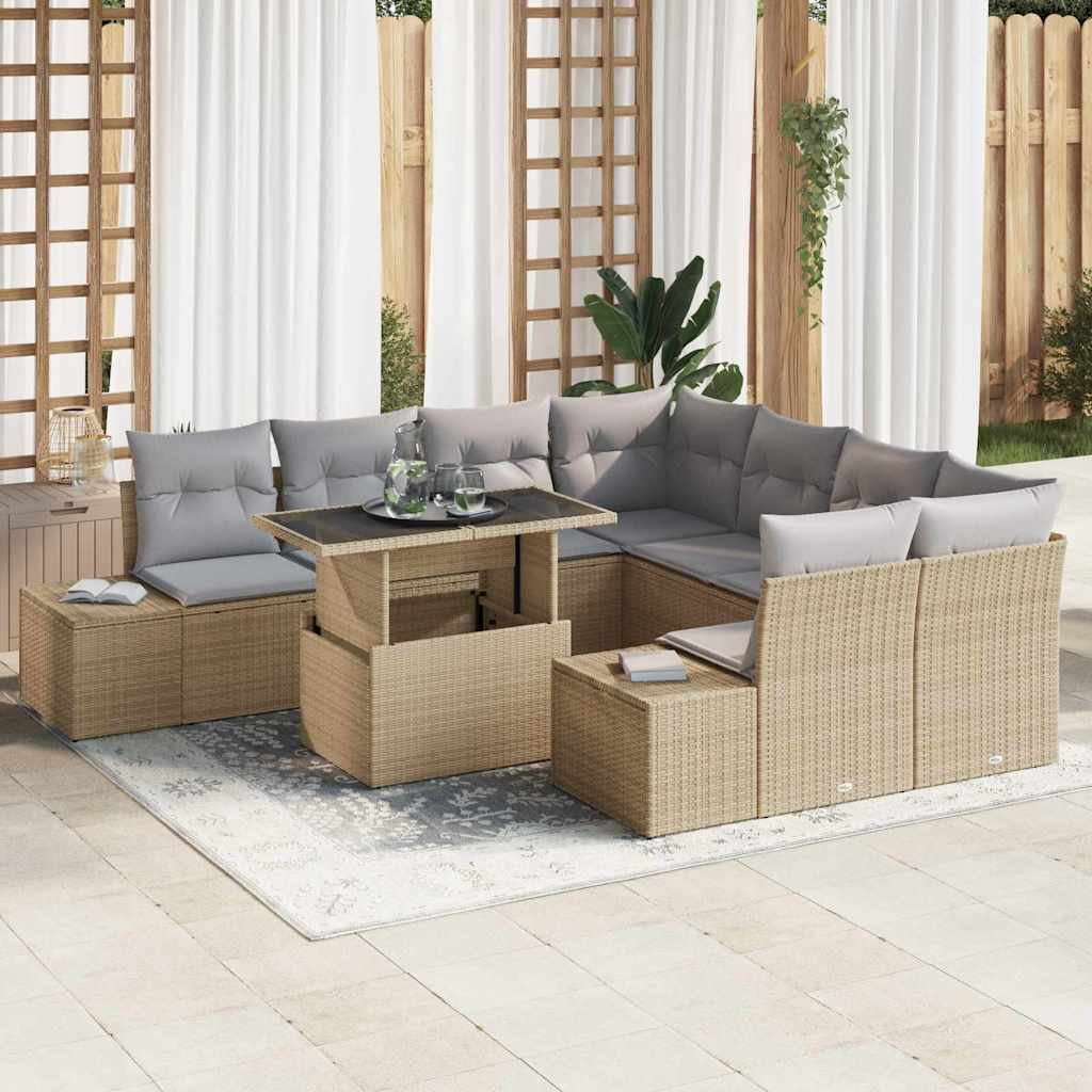 vidaXL Σετ Καναπέ 9 Τεμαχίων με Μαξιλάρια Μπεζ Πολυ Ρατάν
