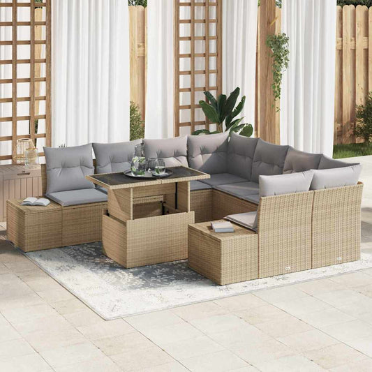 vidaXL Σετ Καναπέ 9 Τεμαχίων με Μαξιλάρια Μπεζ Πολυ Ρατάν