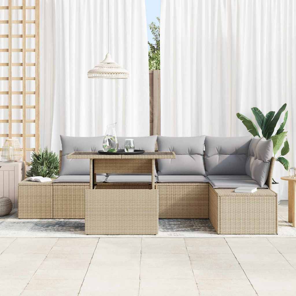 vidaXL Σετ Καναπέ Κήπου με μαξιλάρι 6 pcs Μπεζ Πολυ ράταν