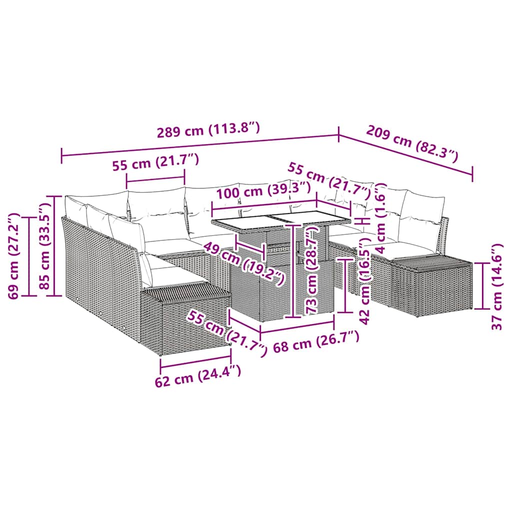 vidaXL Σετ Καναπέ Κήπου με μαξιλάρι 10 pcs Γκρι