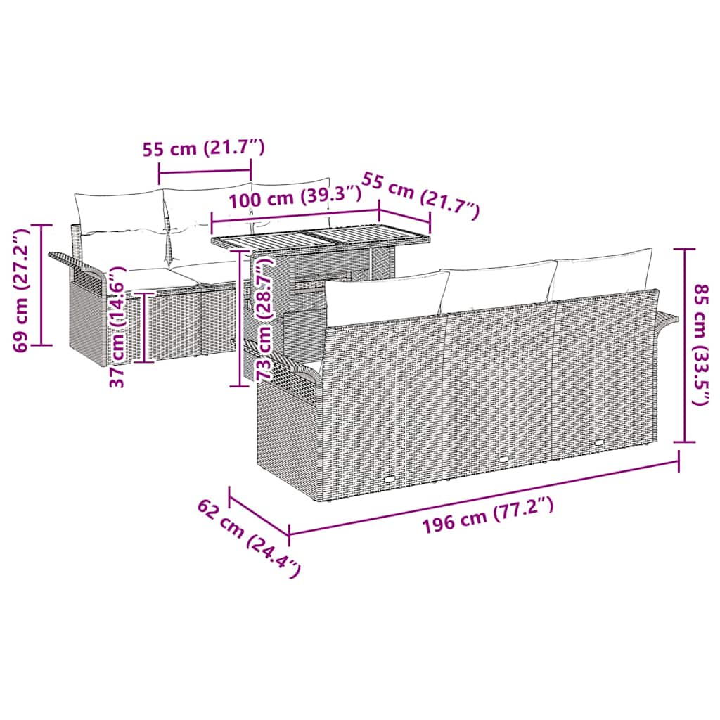 vidaXL Σετ Καναπέ Κήπου 7 pcs Μαύρο και κρεμ 100 x 55 x 73 εκ