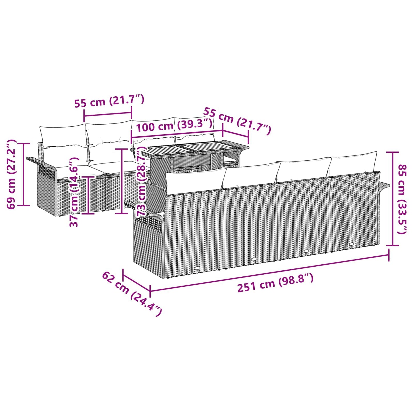 vidaXL Σετ Καναπέ Κήπου με μαξιλάρι 7 pcs γκρι και ναυτικό μπλε