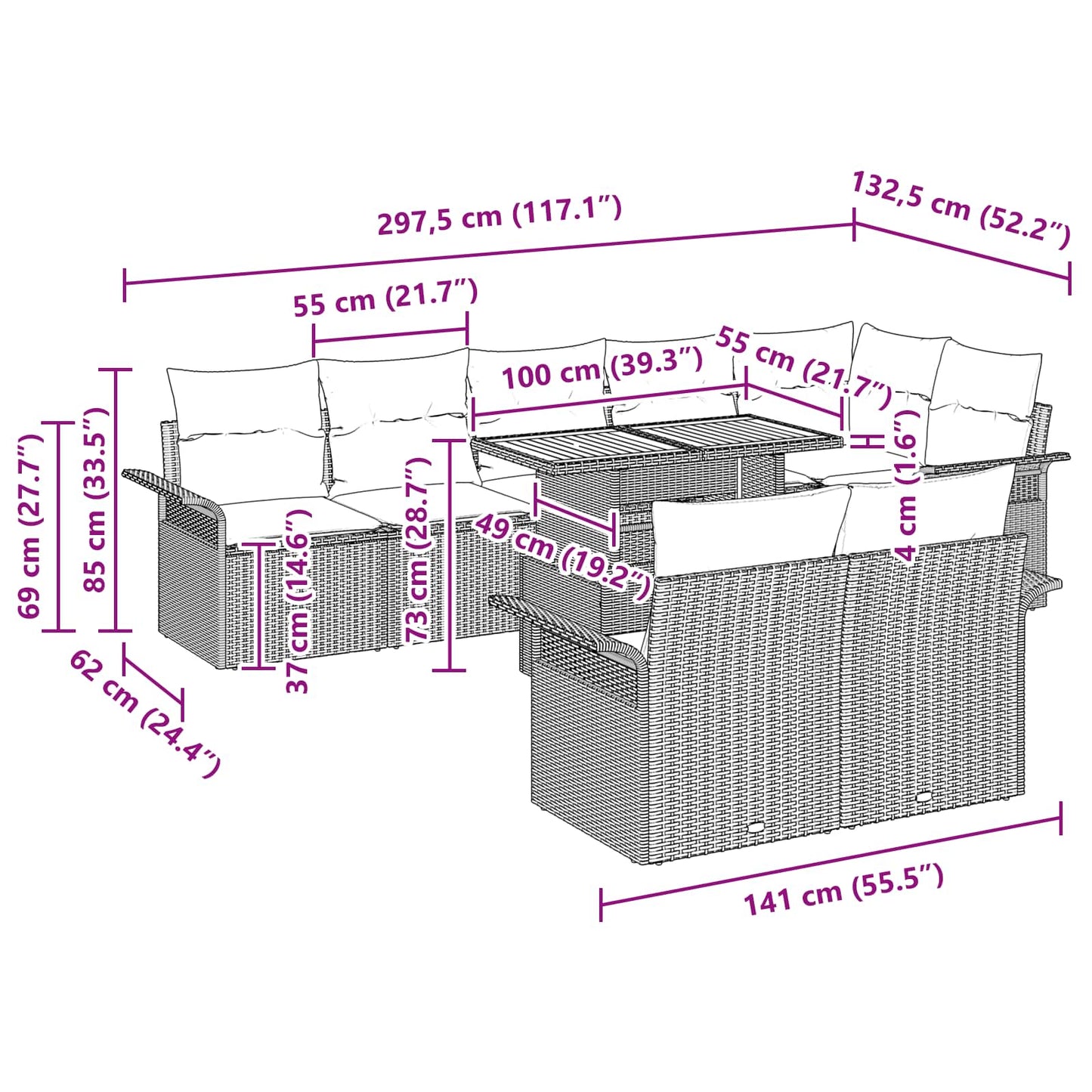 vidaXL Σετ Καναπέ Κήπου με μαξιλάρι 9 pcs γκρι και ναυτικό μπλε
