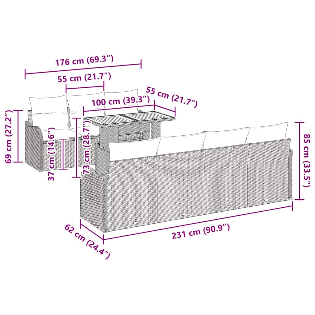 vidaXL Σετ Καναπέ Κήπου 8 pcs Μαύρο και κρεμ 100 x 55 x 73 εκ