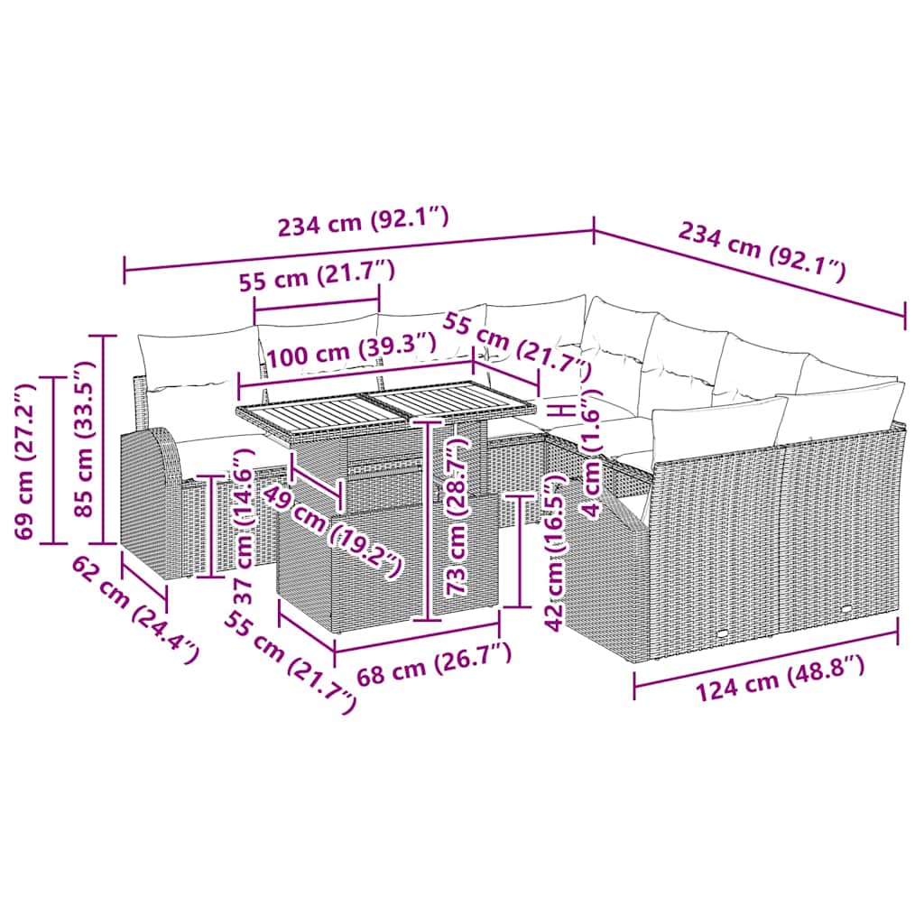 vidaXL Σετ τραπεζαρίας κήπου 9 κομματιών με μαξιλάρια Γκρι Πολυ ρατάν Ακακία