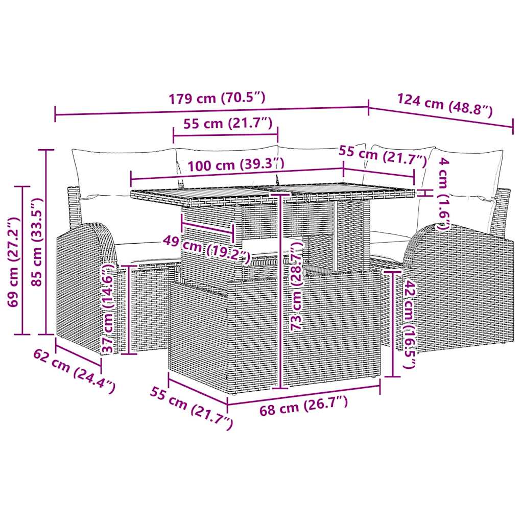vidaXL σετ κηπουρικής 5 τεμαχίων με μαξιλάρια Γκρι Πολυ Ράτανα Ακακία