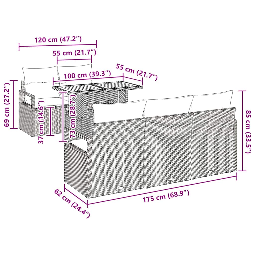 Σαλονάκι κήπου 6 τεμαχίων με μαξιλάρια μαύρο πολυ ρατάν ακακία