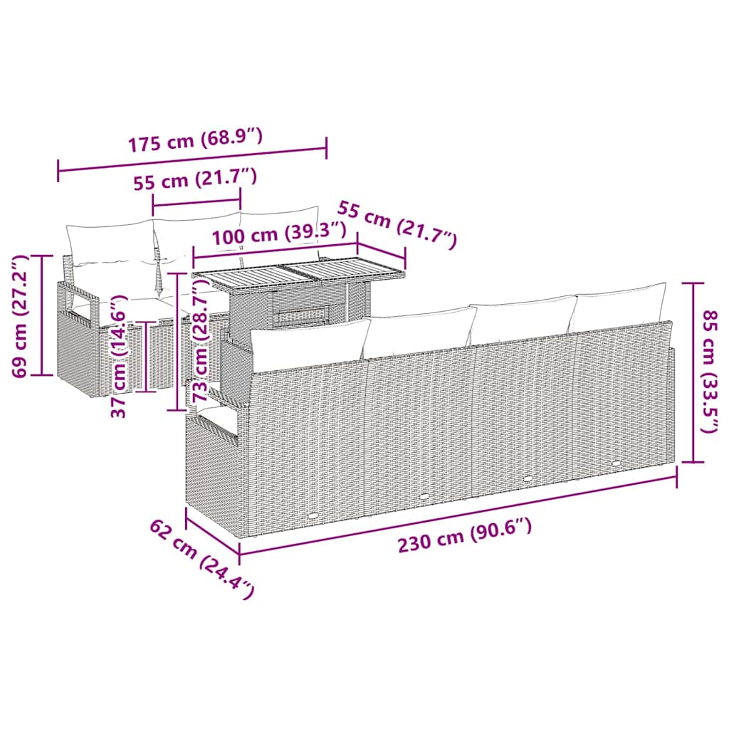 vidaXL Σετ Καναπέ Κήπου 8 pcs Μαύρο και Κρέμα 100 x 55 x 73 εκ