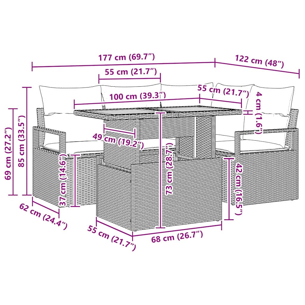 vidaXL Σετ Καναπέ 5 Τεμαχίων με Μαξιλάρια Γκρι Πολυ Ρατάν Ακακίας