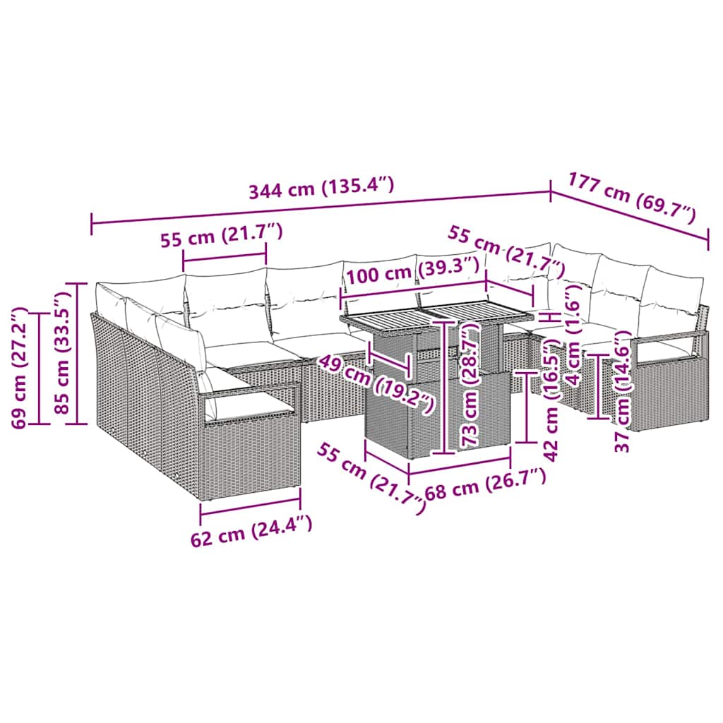 vidaXL Σετ Καναπέ Κήπου 11 Τεμαχίων με Μαξιλάρια Μπεζ Πολυ Ρατάν Ακακία