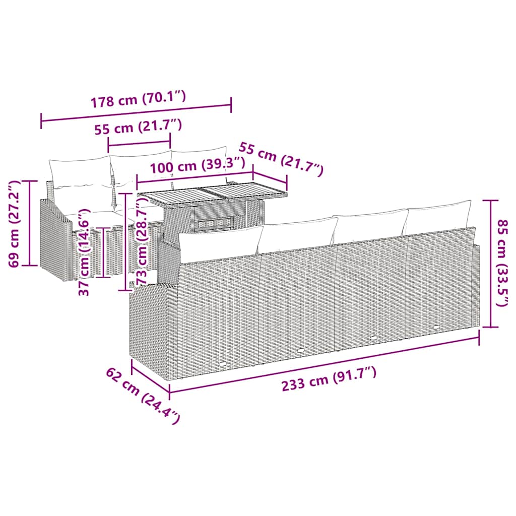 vidaXL Σετ 8 Τεμαχίων Τραπεζαρίας Κήπου με Μαξιλάρια Γκρι Πολυ Ρατάν Ακακίας