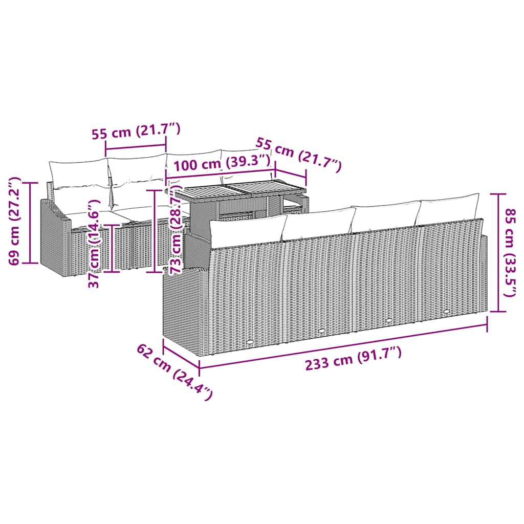 vidaXL 9 Τεμ Σετ Καθιστικού Κήπου με Μαξιλάρια Μαύρο Πολυ Ρατάν Ακακία
